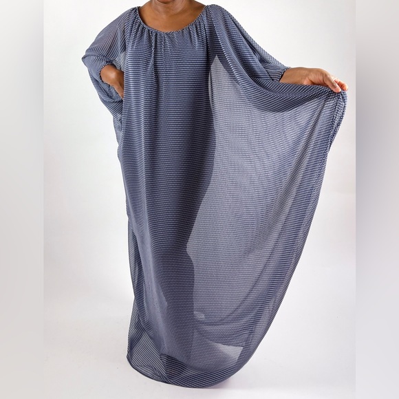 Blue and White Polkadot Chiffon Kaftan Dresses - Picture 3 of 5